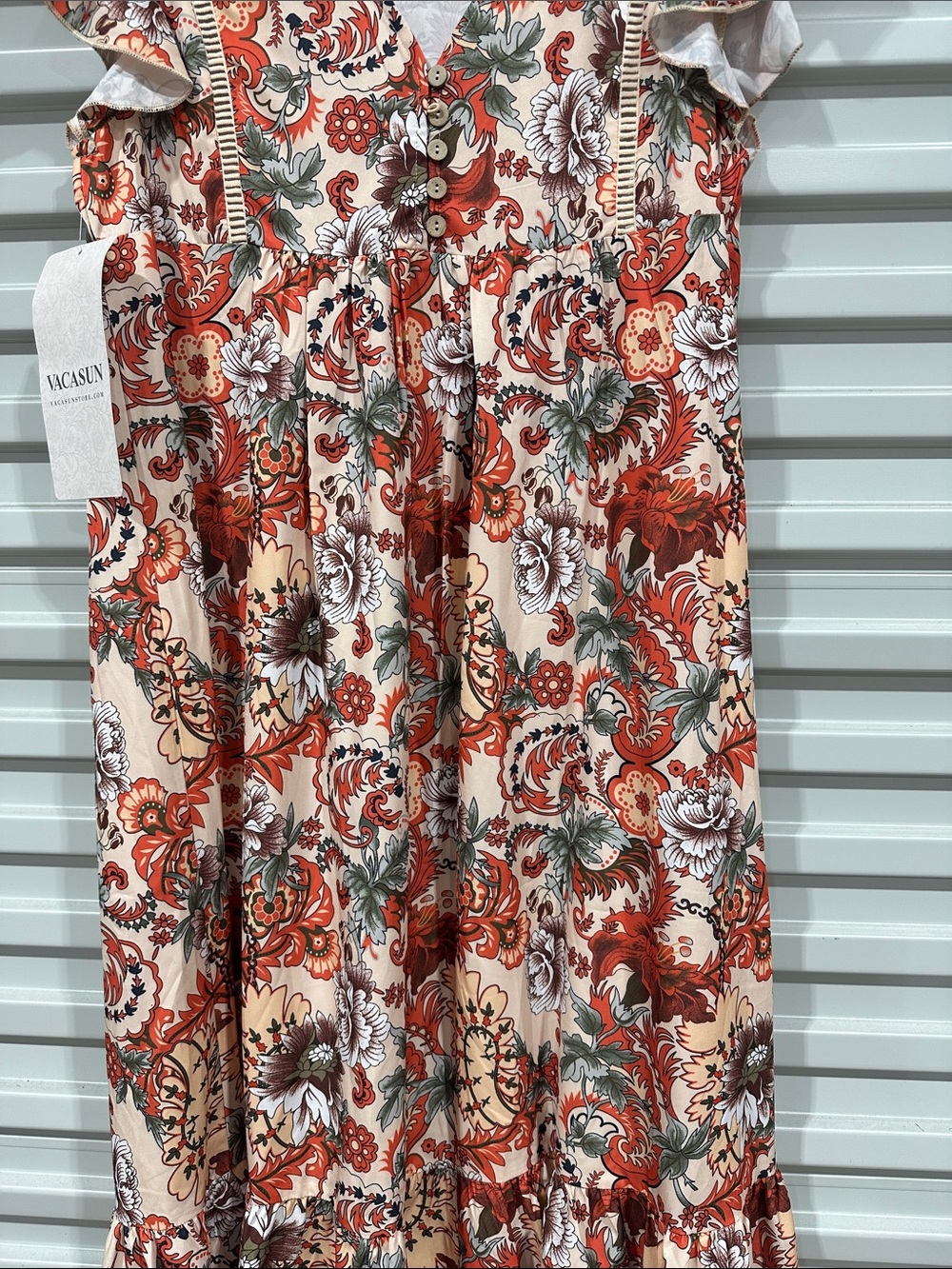 Red Floral Tiered Maxi Dress with Ruffle Sleeves - Picture 5 of 11